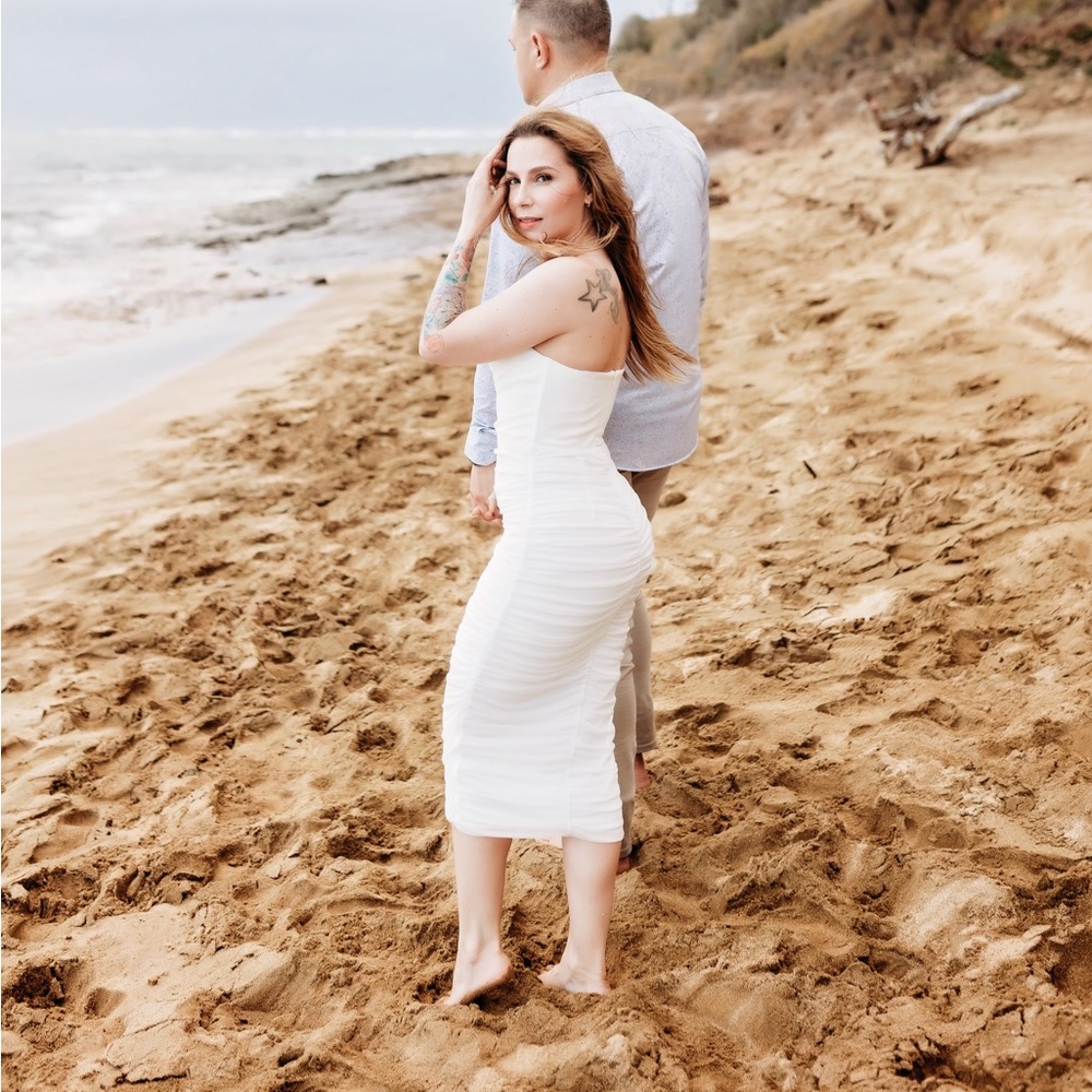 Michael Costello x Revolve White Ruched Midi Dress